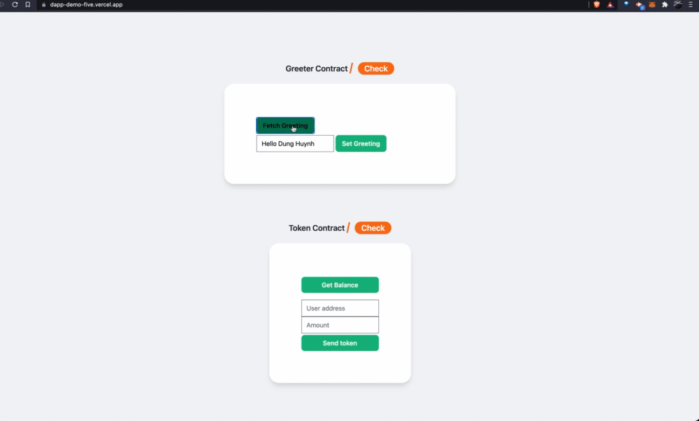 Dapp Example with ERC20 Token and Simple Greeter Contract. Built with Hardhat + EthersJs + React + TypeScript.